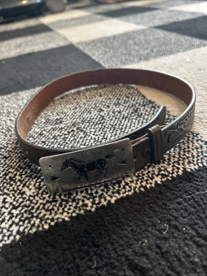 Vintage Chambers Western Belt Buckle black horse and sears leather kids belt - Image 1 of 4