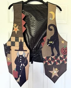 Vintage Halloween Handmade Vest Reversible L/XL Pumpkin Witch Black Cat - Picture 1 of 8