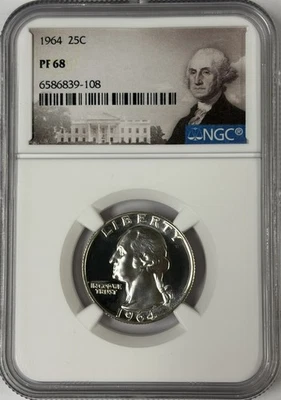 1964 NGC PF68 90% Silver Proof Washington Quarter 25c Portrait - Image 1 of 3