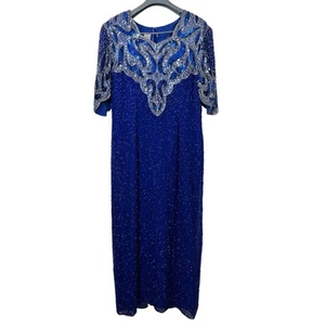 Mauri Simone Vintage Blue Dress Beaded Size 18 Silver Sequin Long Gown Pageant - Picture 1 of 13