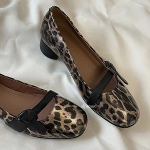Women Square Toes Thick Heel Leather Shoes Shallow Mouth Mary Jane Leopard Print - Picture 1 of 26