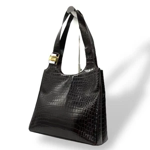Used Ferragamo Vara Croc Embossed Leather Tote Bag Brown Authentic Japan - Picture 1 of 10