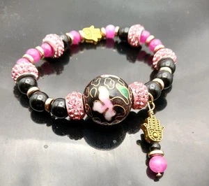 Black Onyx, Rhodosocrite Beads with Black Cloisonne Focal Bead Bracelet - Picture 1 of 2
