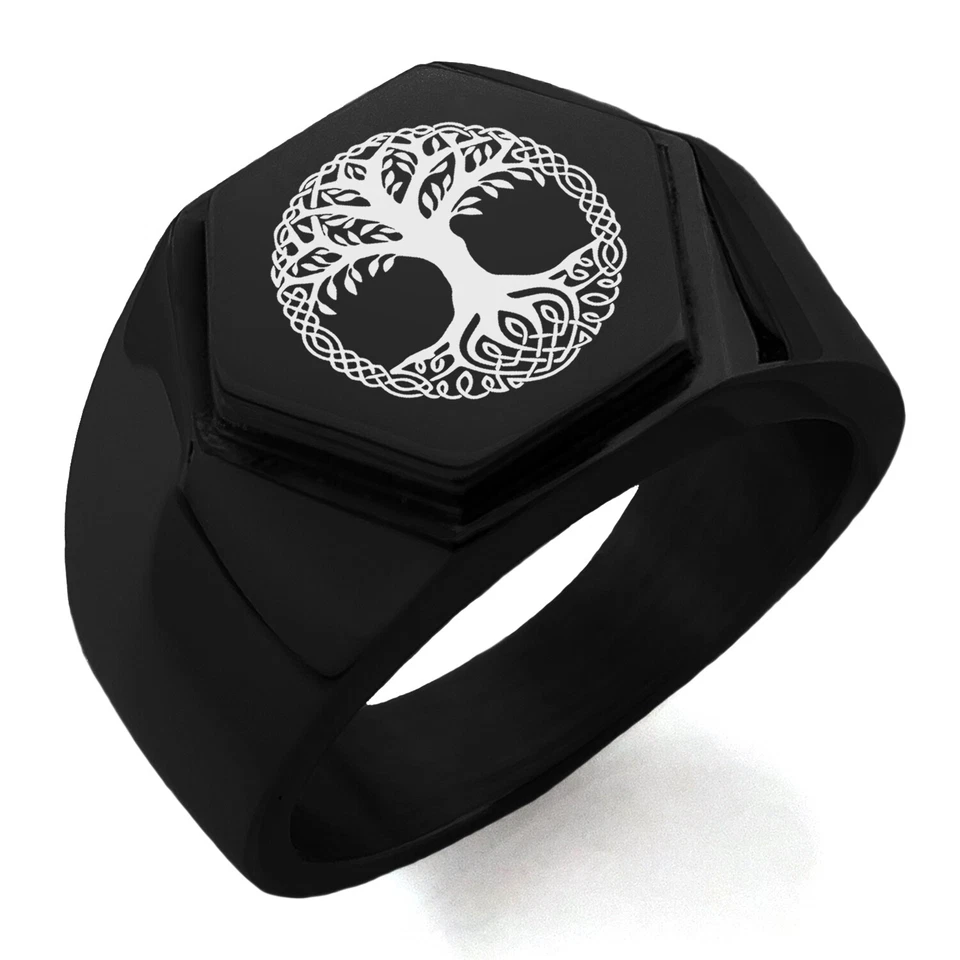 Anillo de sello con cresta hexagonal de acero inoxidable Yggdrasil gran árbol de la vida para hombre Foto 1 de 1