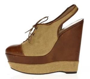 Stuart Weitzman Womens Brown Leather Fabric Slingback Wedge Sandals Size 9 - Picture 1 of 7
