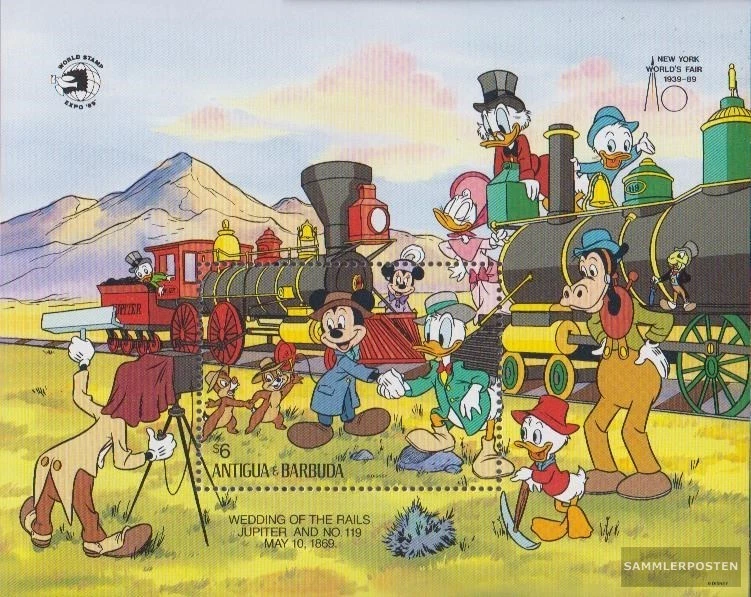 Локомотивы Antigua and Barbuda block168 1989 как новые без наклеек и следов + фигурки Walt-Disney - Изображение 1 из 1