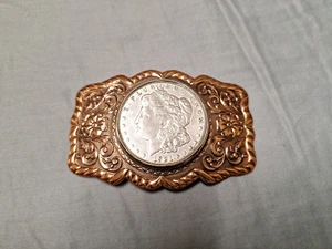 Vintage Bell Trading Post 1921 Silver Morgan Dollar Copper Belt Buckle - Picture 1 of 5
