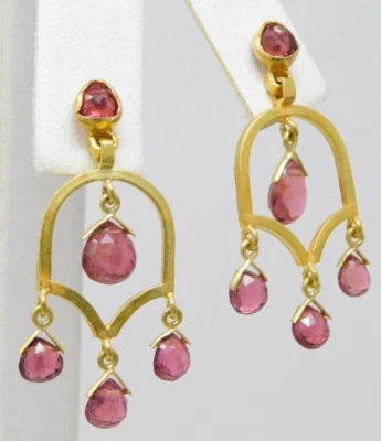 18 kt Yellow Gold Pair of Red Tourmaline Dangle Drop Chandelier Earrings B6334 - Image 1 of 4