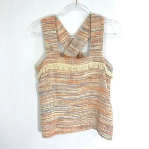 Lilla P Top Women Medium Orange Tweed Tank Wide Cross Straps NWT Fringe Detail - Picture 1 of 9