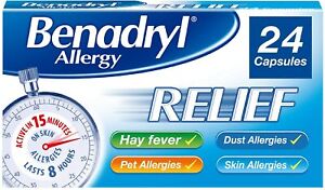 Hay Fever Dust Pet Skin Allergy Benadryl Allergies Relief Capsules x24 