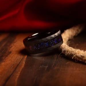 8mm Hammered Nebula, Blue Galaxy Inlay Black Steel Nebula Wedding Band RIng - Picture 1 of 10