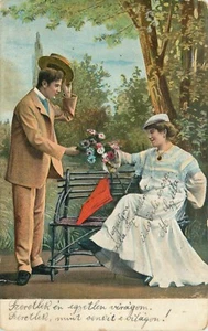 Postcard Romance Man Handing Woman Flower Bouquet Undivided C. 1906 - Picture 1 of 2