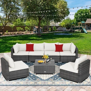 Patiojoy Patio 7PCS Rattan Furniture Set Sectional Sofa Yard Cushioned Off White - Picture 1 of 9
