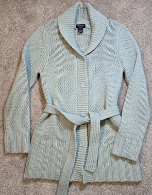 Cárdigan de Lana American Eagle Suéter Grueso Tejido Largo Cinturón Verde Pastel Talla M Foto 1 de 4