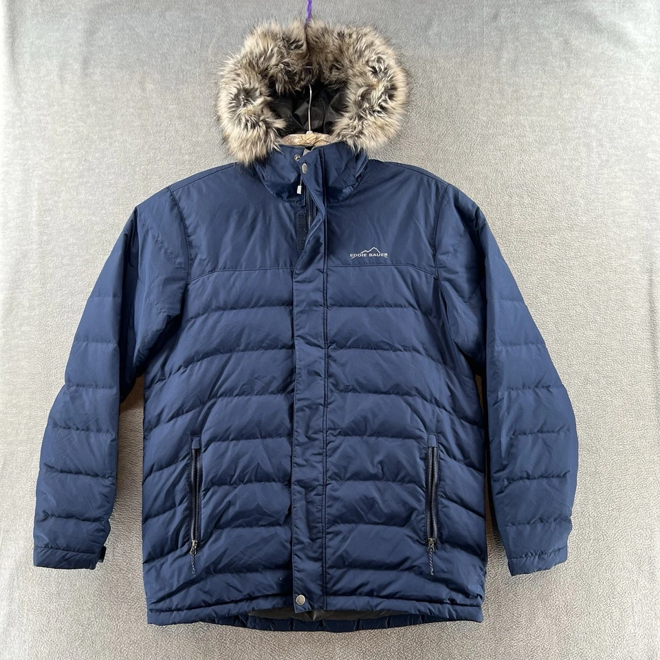 Eddie Bauer Hombre Talla L Cremallera Completa Azul Plumón Piel Capucha Puffer Parka Chaqueta Foto 1 de 4