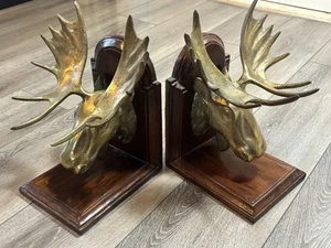 Sujetalibros vintage de latón con cabeza de alce montados en madera pesados - Imagen 1 de 18