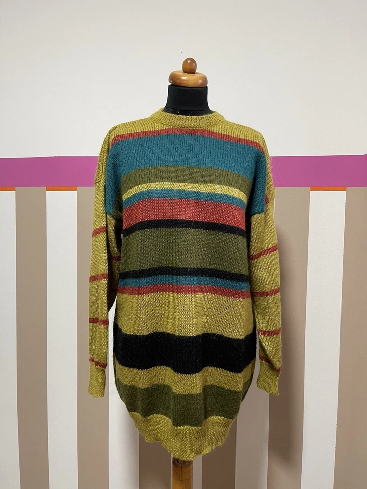 Pullover Damen Wolle Mohair Vintage‘90 Gr L  Streifen kräftige Farben Winter - Bild 1 von 4