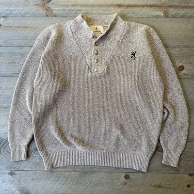 Suéter De Colección Browning Para Hombres Grande Henley Pullover Algodón Tejido Beige Logo Buckmark Foto 1 de 4