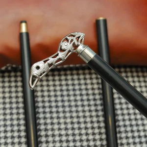 Bird Handle Walking Stick Silver Tone Carved Cane with Black Wooden Shaft - Picture 1 of 5