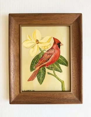 Vintage 1980 Framed Acrylic Painting Cardinal Bird Signed Folk Art 9x11” E.Janni - Image 1 of 4