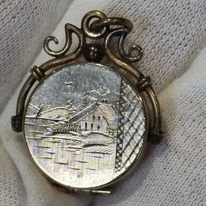 Antique Gold-Tone Locket 5.7g Engraved House Scene Birds Trees Scroll Frame - Picture 1 of 10