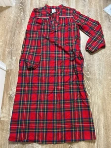 Lands End Nightgown Women Small Red Green Plaid Long Sleeve Flannel Cotton EUC - Picture 1 of 7