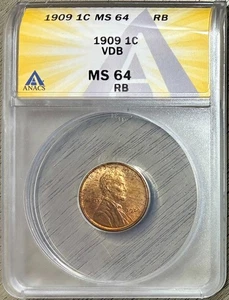 1909 VDB Lincoln Cent (Wheat Penny), ANACS MS-64 RB, Nice Woody Appearance - Bild 1 von 2