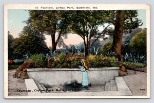 Fountain Clifton Park View Baltimore MD Woman w Parasol OLD VTG c1917 Postcard - Picture 1 of 4
