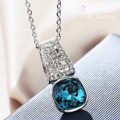 18K White Gold GF Made With Swarovski Crystal Cushion Cut Pattern Teal Necklace Foto 1 de 4
