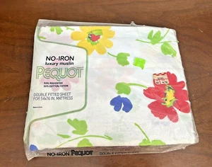Vintage Pequot Full Fitted Sheet Floral Flowers NOS No Iron red yellow USA - Picture 1 of 6