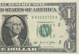 Billete de un dólar número de serie elegante Six of a Kind 3s B8333333733A FW - Imagen 1 de 6