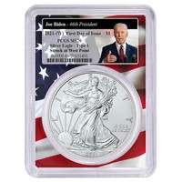 2021 (W) $1 American Silver Eagle PCGS MS70 FDOI Biden 46th President Flag Frame