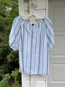 NWT Talbots Pretty White Blue Green Stripe Linen Peasant Style Blouse 2X - Picture 1 of 5