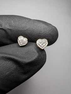 Solid 10k Two Tone Gold Heart Shaped Stud Genuine Natural Diamond Earrings - Picture 1 of 6
