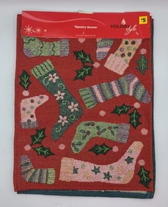Holiday Style Tapestry Table Runner Red & Green Christmas Stockings 13"x70" NOS - Picture 1 of 4