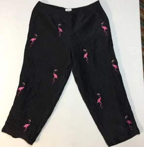 S.L.B. Silk Black & Pink Flamingo Embroidered Straight Cropped Pants 32x22 Sz 10 - Picture 1 of 12