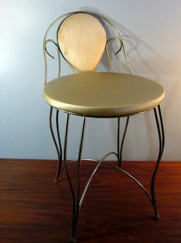 Vtg Pearl-wick Vanity Chair Gold Vinyl Gold Frame Hollywood Regency MCM Stool Cover
