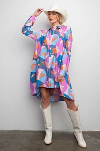 Easel Shirt Dress Womens Abstract Print Button Down Oversized Hi Low Hem Plus 1X - Picture 1 of 8