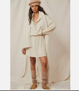 Free People Beach Matilda Mini Dress Small Natural Ivory Long Sleeve Linen NWT - Picture 1 of 6