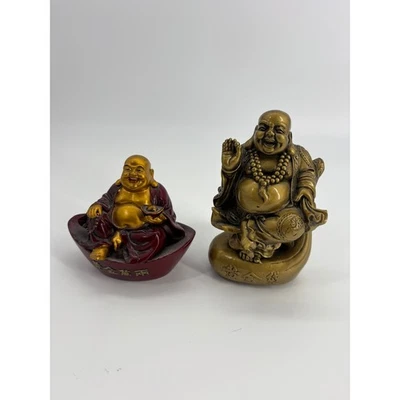 Par de estatuas de Buda riendo conjunto de estatuillas símbolo de felicidad buena suerte Foto 1 de 4