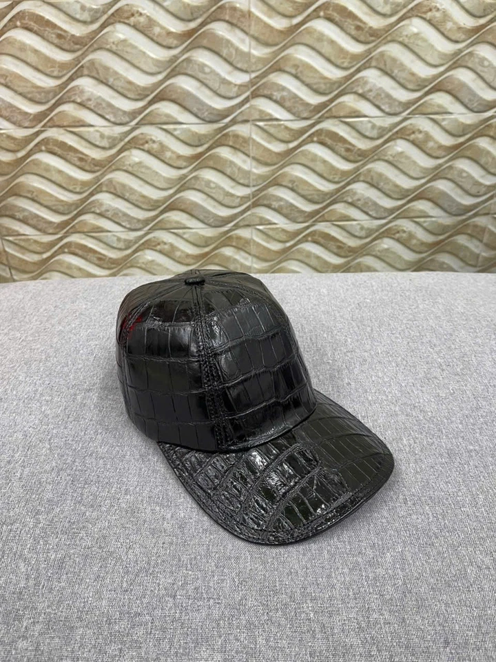 NEGRO 100% Real Genuino EXÓTICO Cuero Piel Hombres Sombrero Ajustable Gorra-Hecho a Mano Foto 1 de 4