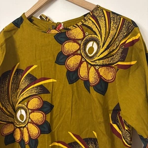 Grass-Fields Shift African Print Dress Gold Blue Fall Women's - Picture 1 of 9