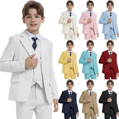 Boys Linen Suit 3 Piece Slim Fit Formal Suit Set Summer Wedding Suit Kids Tuxedo - Image 1 of 4