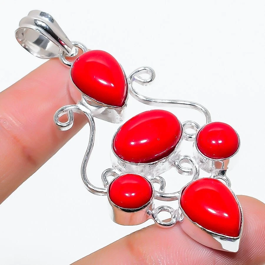 Colgante de joyería de plata de ley 925 hecho a mano con piedras preciosas de coral rojo talla 2,5" Foto 1 de 1