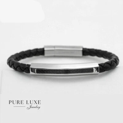 NEW Gift Inc Men Stainless Steel Silver 8" Black Braided Leather Bracelet*Box - Image 1 of 4