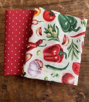 2 Fat Quarters Vegetables And Red Polka Dot Kitchen Farm Cotton Quilting Fabric - Image 1 of 4