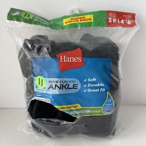 HANES 11 Pair Boys Cushion Ankle Socks BLACK Size S Small Shoe Size 4.5-8.5