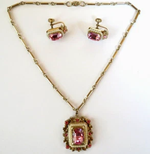 Coro Vintage signiertes Set Smaragdschliff rosa Strass Perlen Halskette & Ohrringe - Bild 1 von 11