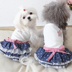 Pet Dog Cat Dress Summer Dot Denim Sling Dress Fashion Skirt Dog Clothes SIZE S - Picture 1 of 12