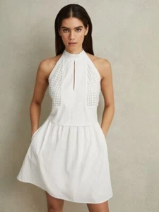 REISS Eden Broderie Halter Neck Mini Dress With Linen in White - Picture 1 of 6